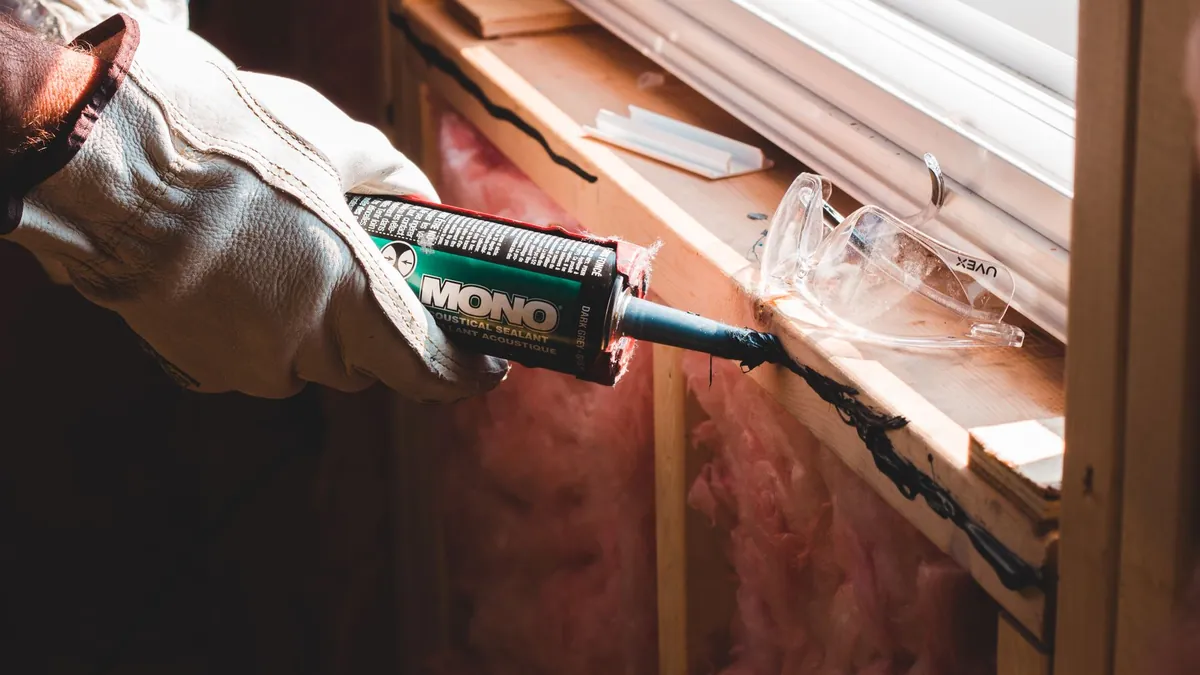 A gloved installer applying foam sealant along a seam